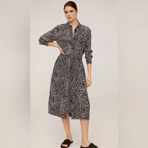 Mango Pockets Black/cream Print Pockets Shirt Dress. Midi. Front tie belt Size 4